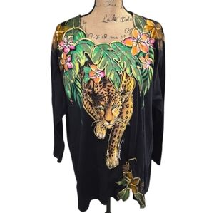 Vintage Black 3/4 Sleeve Puff Paint Leopard Tropical Floral Art‎ Print Tunic Top